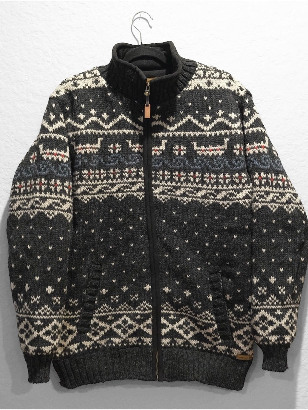 Laundromat Wool Nordic Sweater Jacket Men’s L Charcoal Full Zip Lined Viking